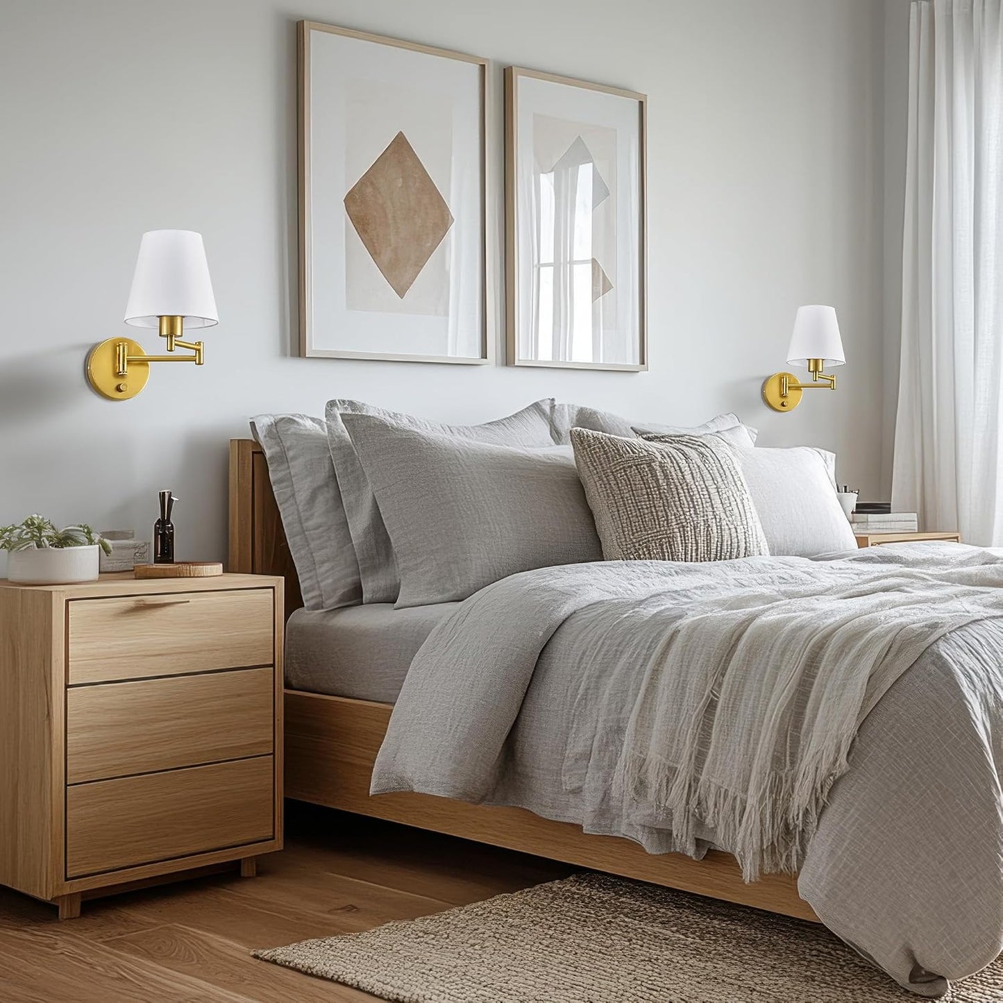VONLUCE Wall Lamp, Plug in & Swing Arm Wall Sconce, Nickel Finish | Modern Wall Lights with White Fabric Shades, Plug in & Hardwired Wall Mounted Light for Bedside, Living Room, Hallway