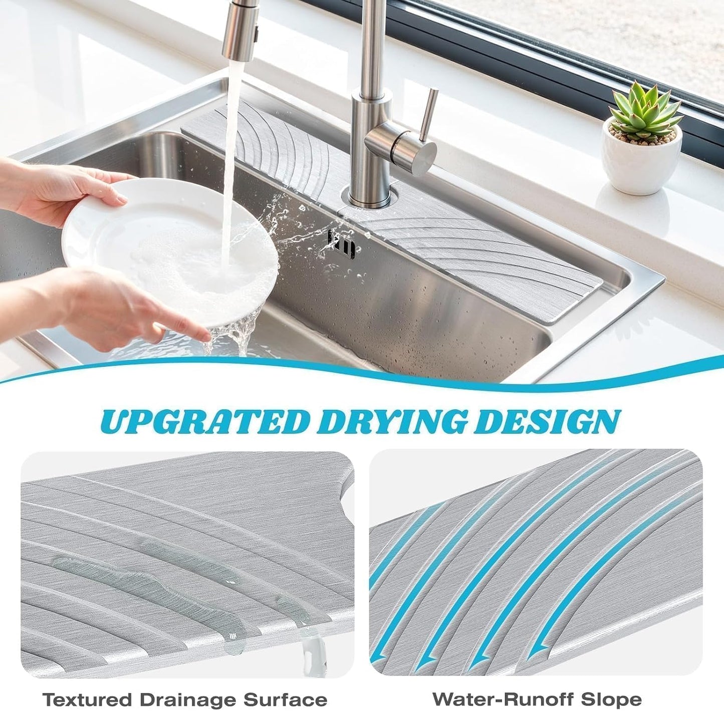 SpaceHacks Stone Faucet Mat for Kitchen Sink 23.7x4 in, Light Gray | Fast Drying Diatomite Stone Drying Mat, Water Splash Guard, Textured Drainage Sink Protector, Suits Bathroom&Kitchen Counter