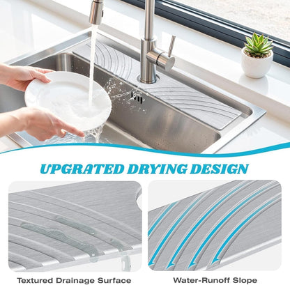 SpaceHacks Stone Faucet Mat for Kitchen Sink 23.7x4 in, Light Gray | Fast Drying Diatomite Stone Drying Mat, Water Splash Guard, Textured Drainage Sink Protector, Suits Bathroom&Kitchen Counter