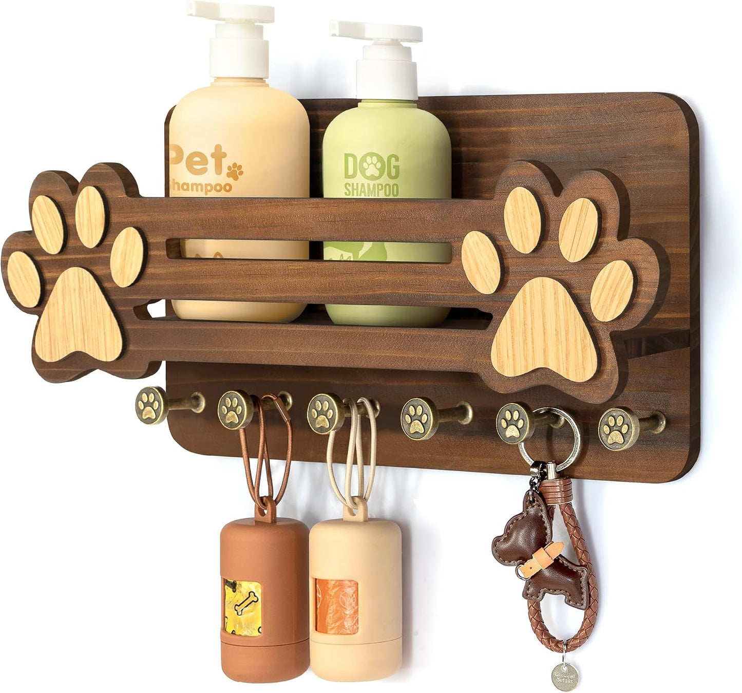 MTERSN Dog Leash Holder for Wall with Wall Shelf for Dog Lover, White | 3D Paw-print Design, Mail Holder for Wall with 6 Hooks for Dog Leash & Sunglasses, Put Dog Food Container, Rustic Home Decor