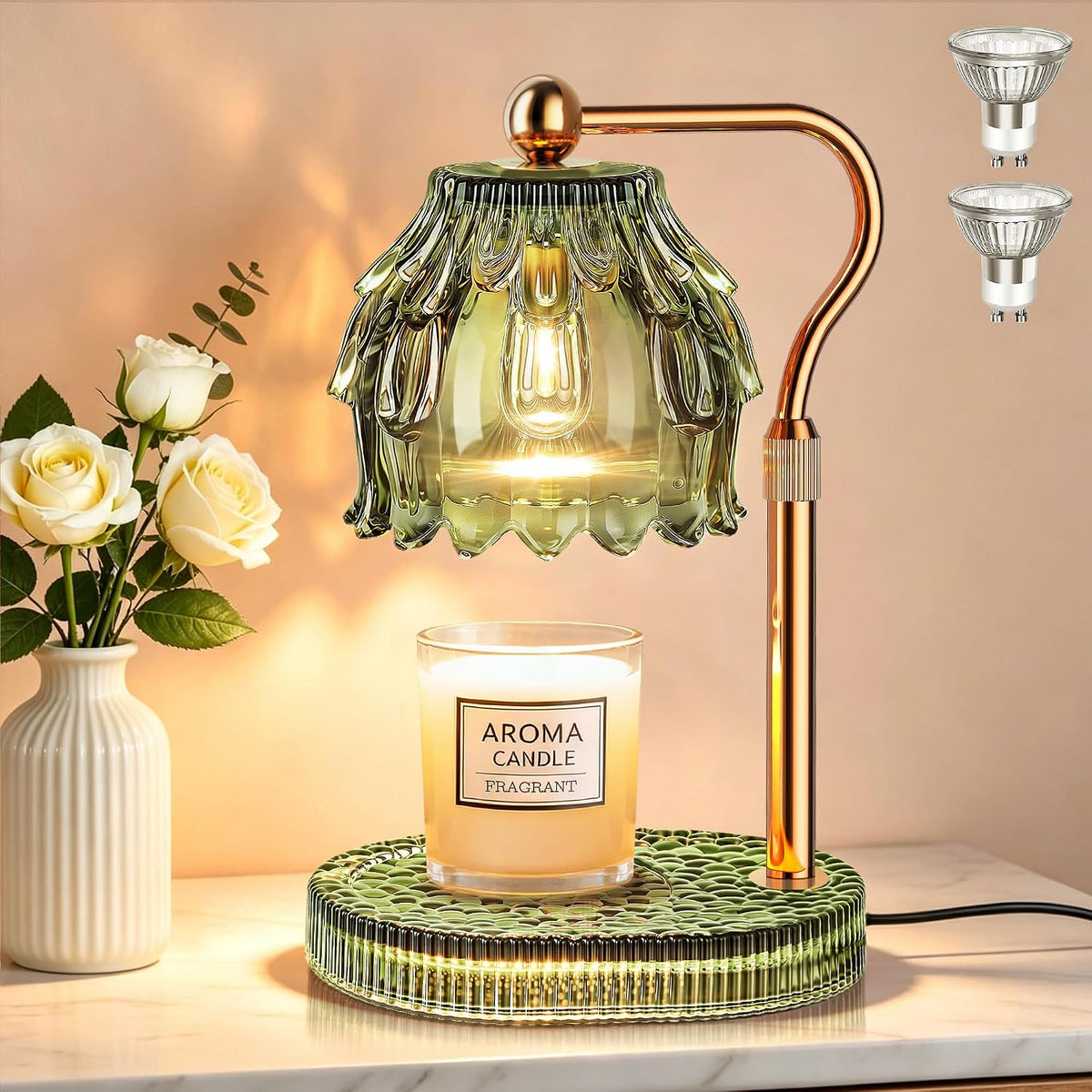 Candle Warmer Lamp with Timer Dimmer, Modern Wax Warmer for Scented Wax Jar Candle Warmer with 2 Bulbs, Adjustable Height Glass Lamp for Gifts for Women, Home Decor, Gold Amber