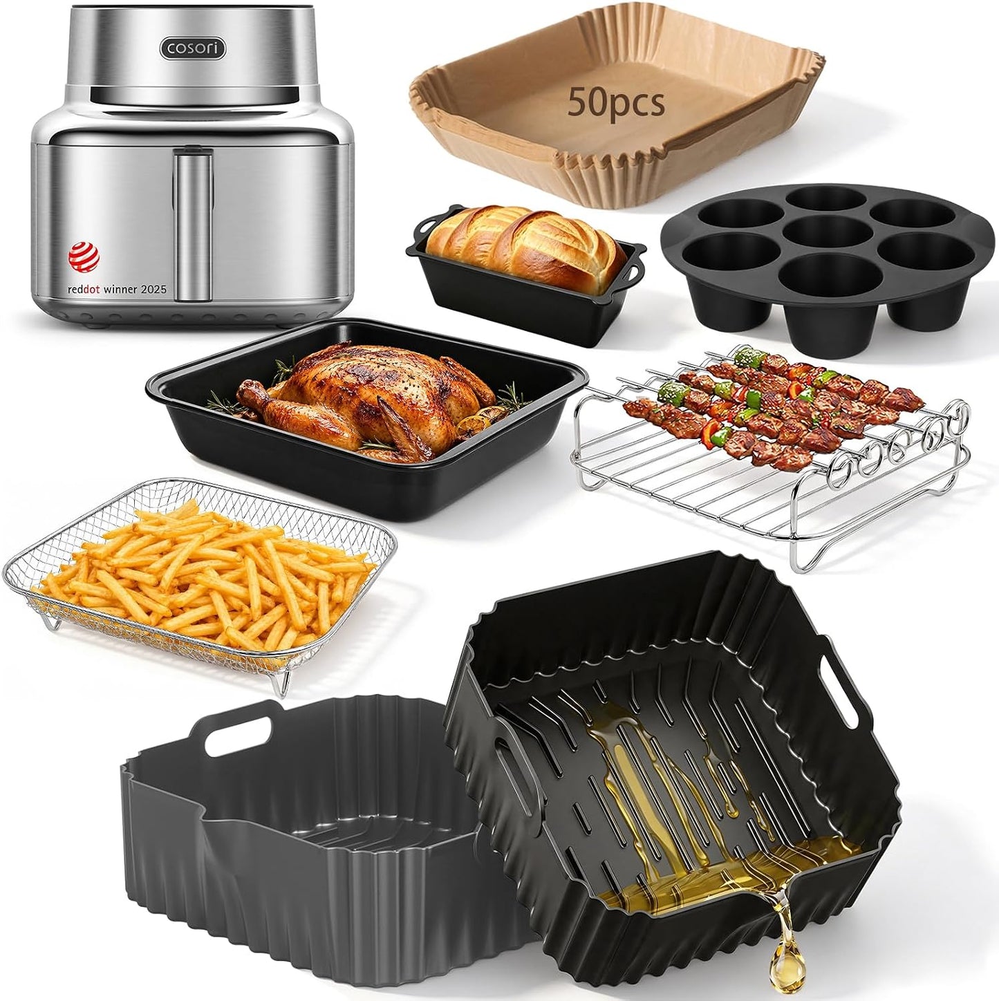 Silicone Air Fryer Liners for COSORI Iconic Stainless Steel 6.5 Qt 2 Pack | Square Reusable Non-Stick Basket Inserts for 6.5 QT Air Fryers, Dishwasher Safe, BPA-Free