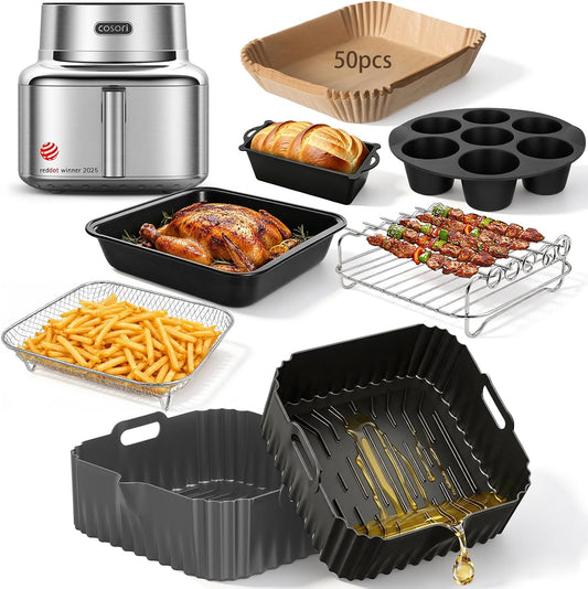 Silicone Air Fryer Liners for COSORI Iconic Stainless Steel 6.5 Qt 2 Pack | Square Reusable Non-Stick Basket Inserts for 6.5 QT Air Fryers, Dishwasher Safe, BPA-Free