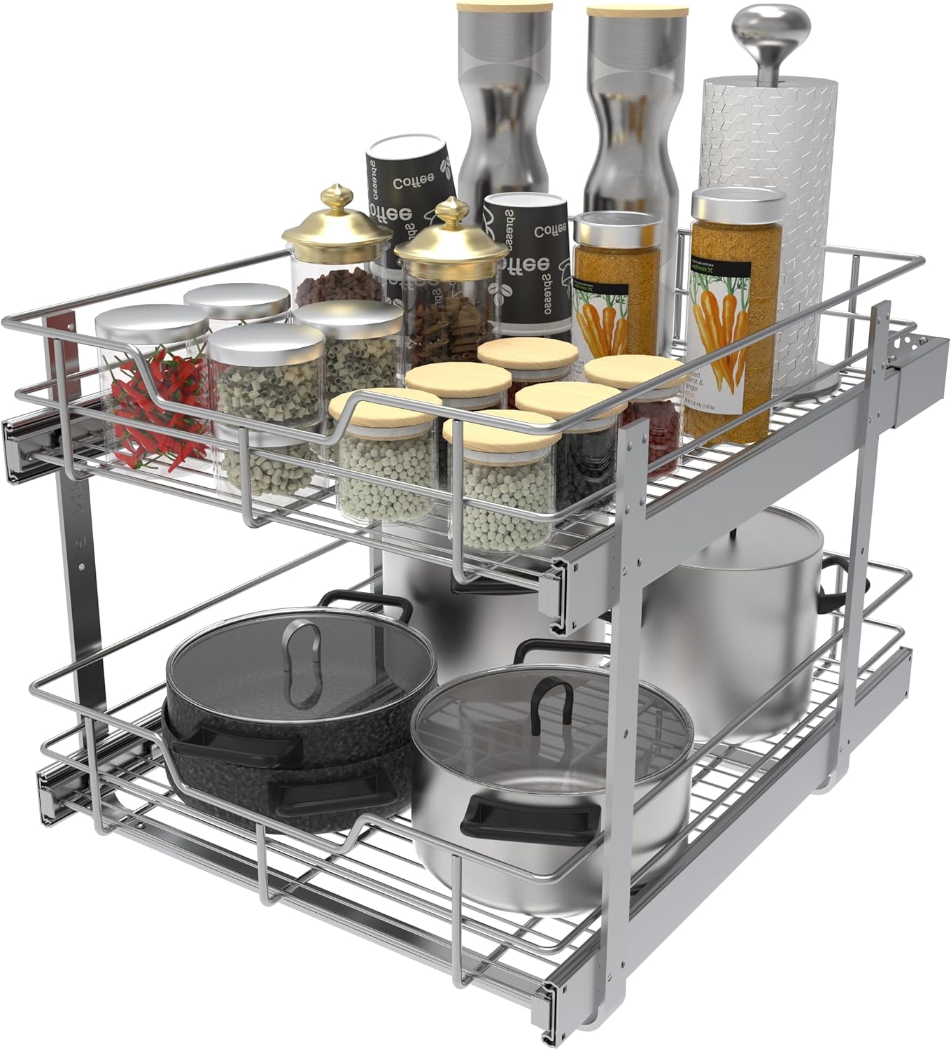 Pull Out Cabinet Organizer 15" W X 22" D, Chromed, Full Slide Out Drawers | For Kitchen Organizers and Storage, Pull Out Drawers For Cabinets Capacity Heavy Duty Caddy, Cabinet Shelves, Bathroom Pantry