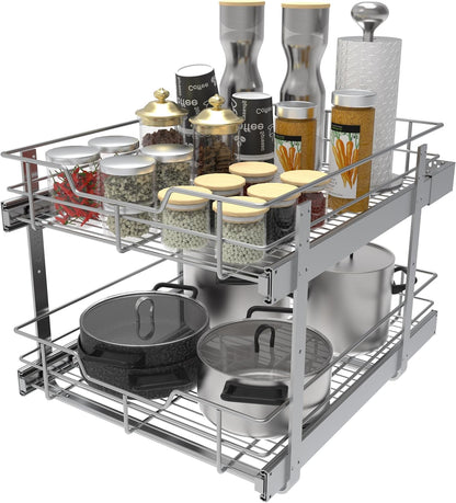Pull Out Cabinet Organizer 15" W X 22" D, Chromed, Full Slide Out Drawers | For Kitchen Organizers and Storage, Pull Out Drawers For Cabinets Capacity Heavy Duty Caddy, Cabinet Shelves, Bathroom Pantry