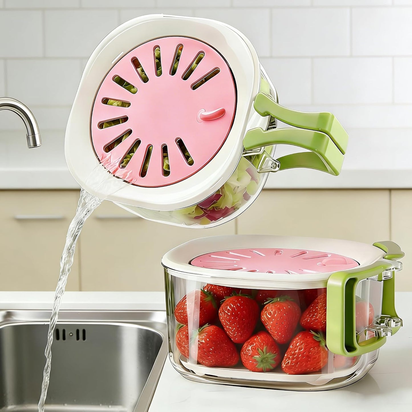 2-Pack Plastic Colander Strainer with Adjustable Vent Lid, Fridge Storage Container and Food Organizer Bin, Multi-use Veggie Tray Fruit Platter for Party