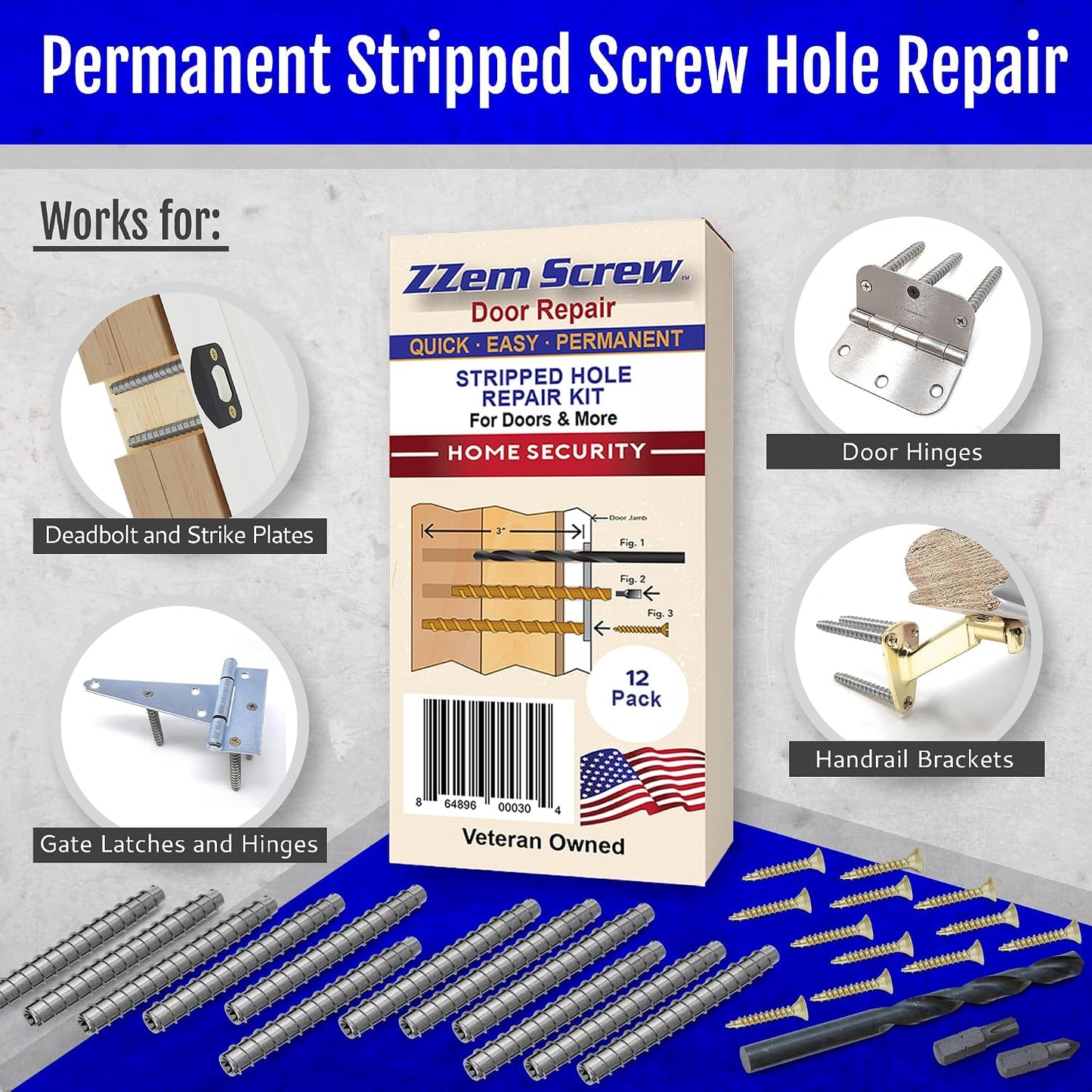 4-Pack #9 x 3 Permanent Stripped Door Hinge Screw Hole Repair Kit | Reinforces hinges, strike plates and door jambs. Installs in minutes. Made in USA