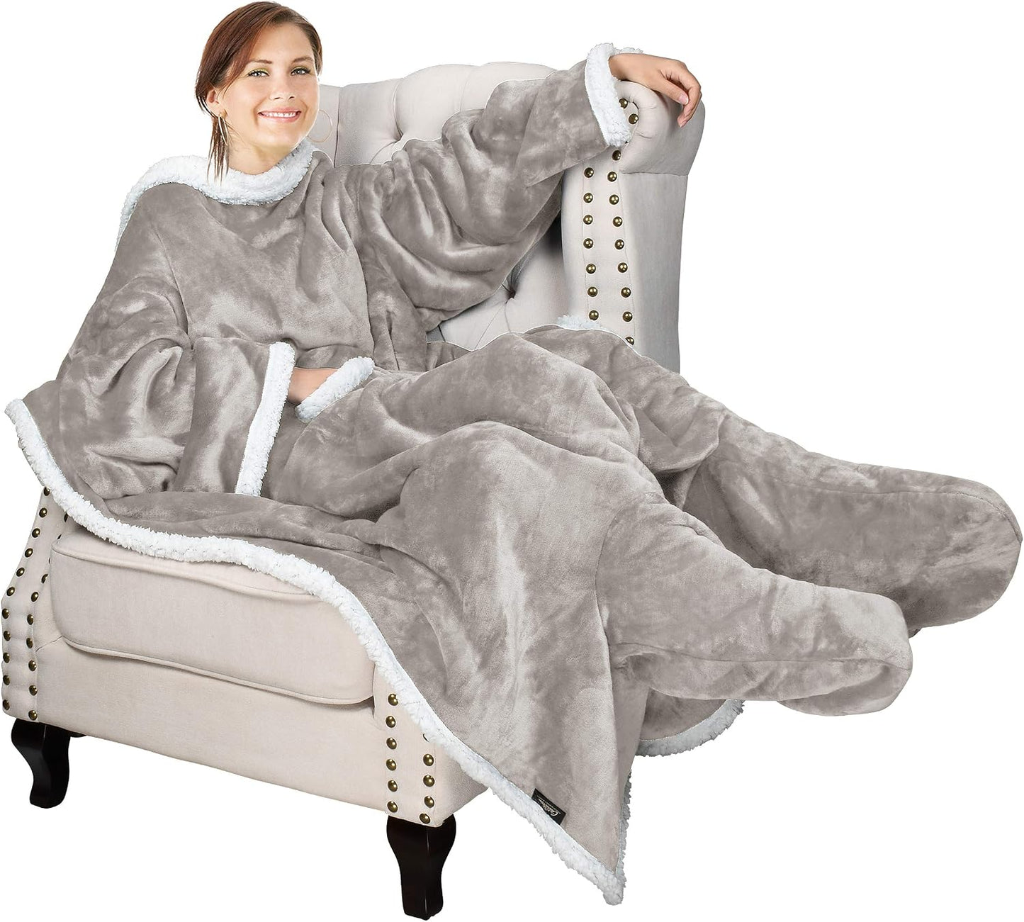 Catalonia Wearable Blanket with Sleeves & Foot Pocket for Adults | Soft Fleece Throw Wrap with Hands-Free Comfort, Perfect for Reading, TV Time & Relaxing, Christmas Gift for Women & Men