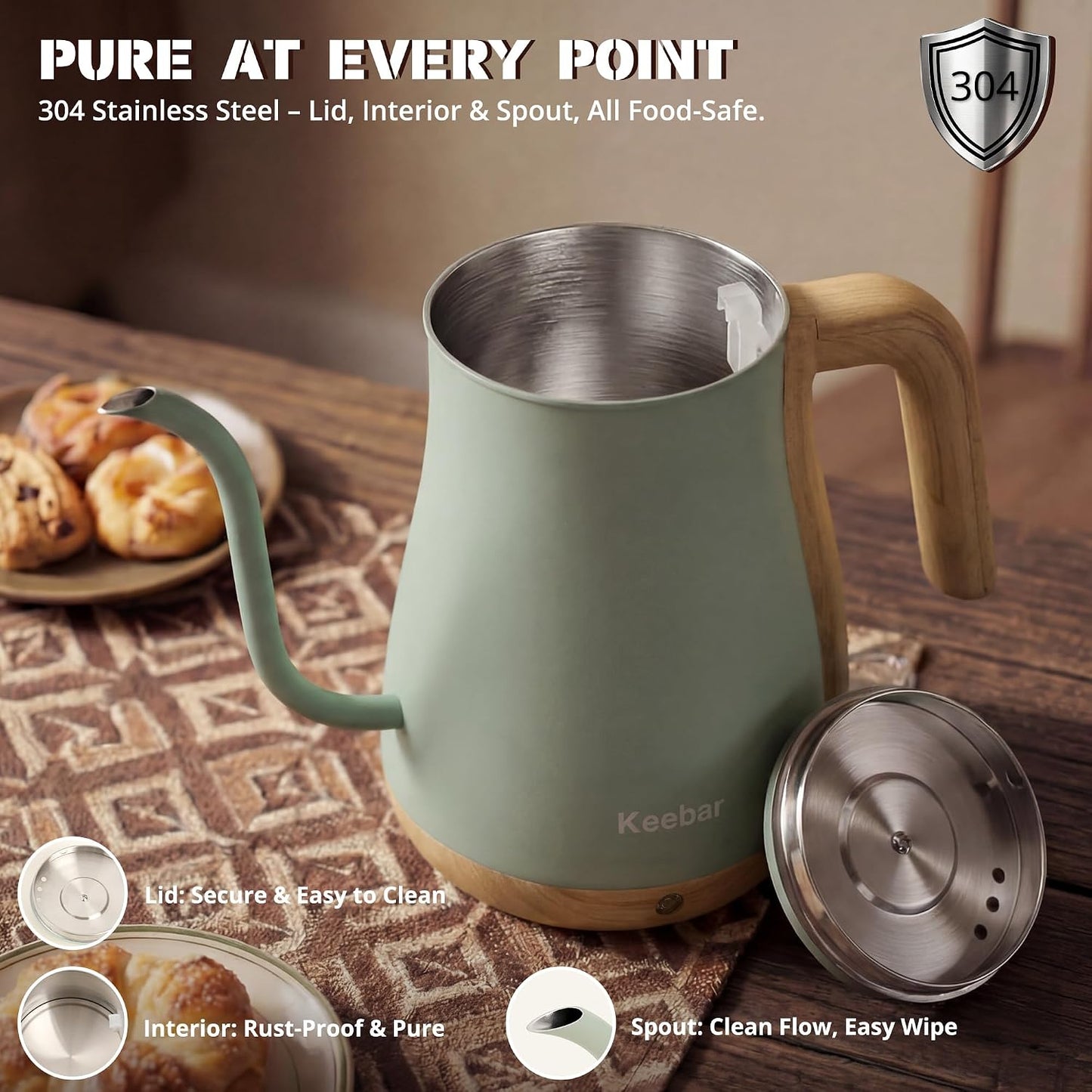 Gooseneck Electric Kettle, 0.8 L, 1000 W, Auto Shut-Off, Light Green | Compact 0.8 L Kettle With Stainless Steel Interior, Gooseneck Pour, Wood-Grain Handle, Auto Shut-Off And Boil-Dry Protection