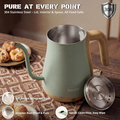 Gooseneck Electric Kettle, 0.8 L, 1000 W, Auto Shut-Off, Light Green | Compact 0.8 L Kettle With Stainless Steel Interior, Gooseneck Pour, Wood-Grain Handle, Auto Shut-Off And Boil-Dry Protection