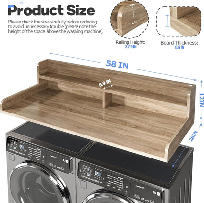 2-Tier Washer and Dryer Countertop with 2.75" H Guard,54" W x 27.5" D Laundry Countertop Cover with Non-Slip Pad,Large Space Laundry Topper for Folding Clothes Over Washer and Dryer-White