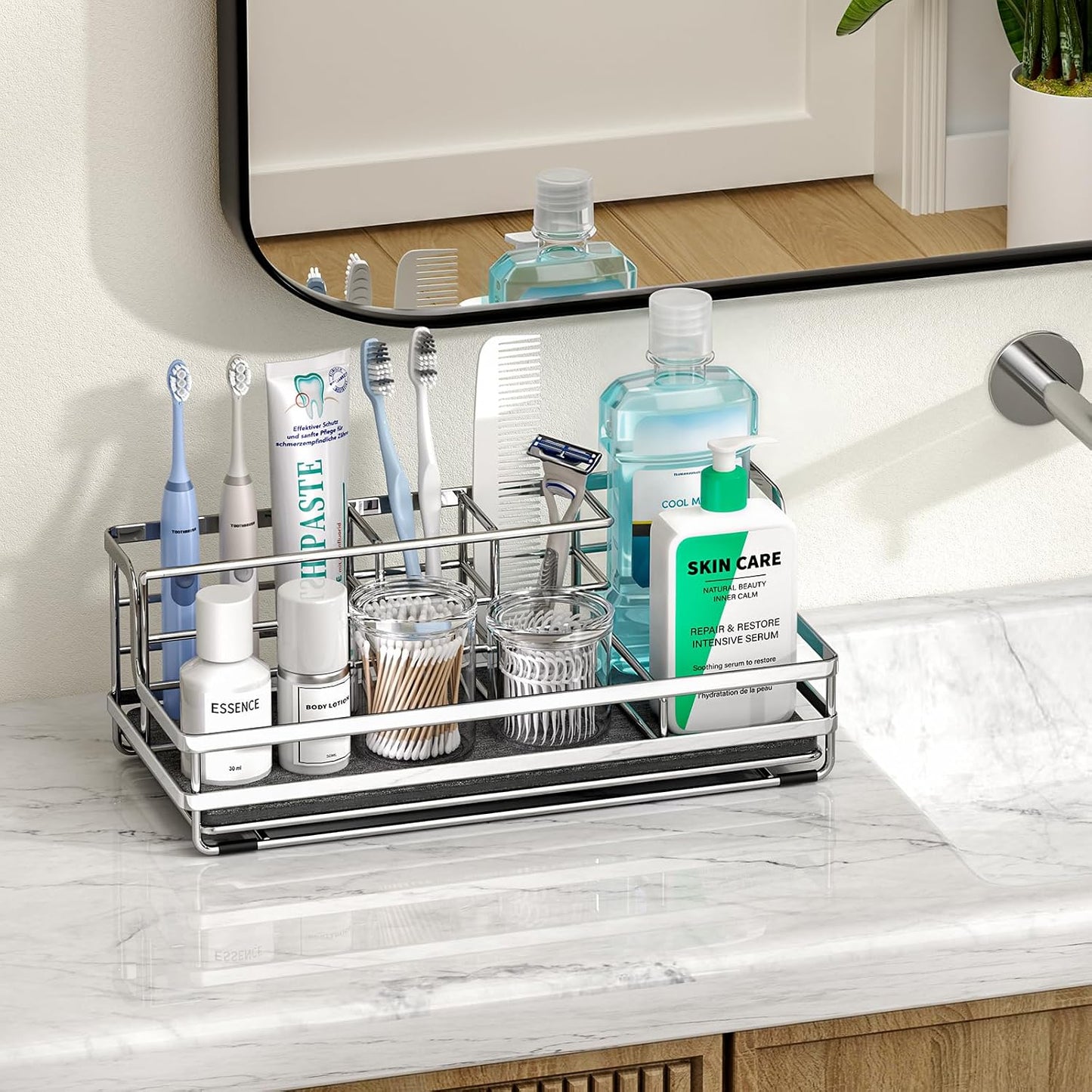 HapiRm Toothbrush Holders for Bathroom - 5 Partitions Bathroom Counter Organizer with Instant Drying Stone, Stainless Steel Countertop Storage Electric Toothbrush Toothpaste Holder - Black