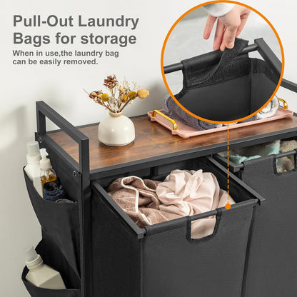 WOWLIVE Double Laundry Hamper with Wheels, Rolling Laundry Basket Organizer | Laundry Hamper 2 section with Lid, Iron-Made Laundry Sorter with Shelf, Removable Bags, Large Clothes Storage, White