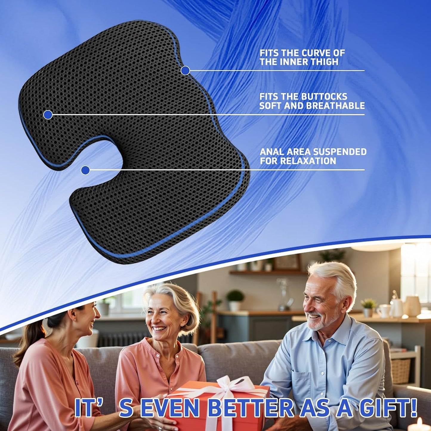 Gooo&Ma Air Fiber Seat Cushion, U-Shape Tailbone Comfort, Black | Thin design for office/car, breathable air fiber cooling, ergonomic, washable, non-slip, portable, 17.7"x13.8"x1.6"