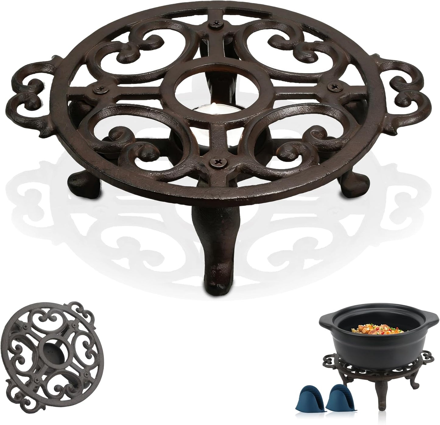 Cast Iron Teapot Warmer, Tea Pot Warmer with Tealight Holder, Portable Wind-Resistant Tea Pot Warmer Base with Candles & Pinch Mitts, for Heat Food Coffee Milk or Tea