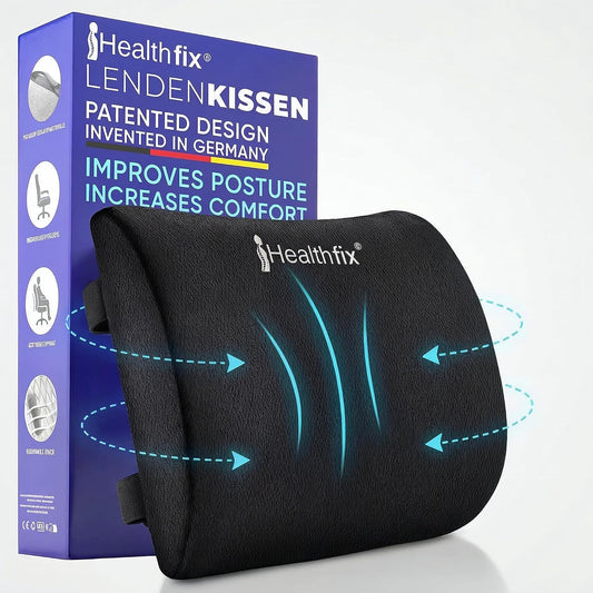 Healthfix® Ergonomic Lumbar Support Pillow – Expertly Designed in Germany – Improves Posture & Relieves Back Pain – Memory Foam Back Cushion for Office Chair & Couch - Medium (130–200 lbs)