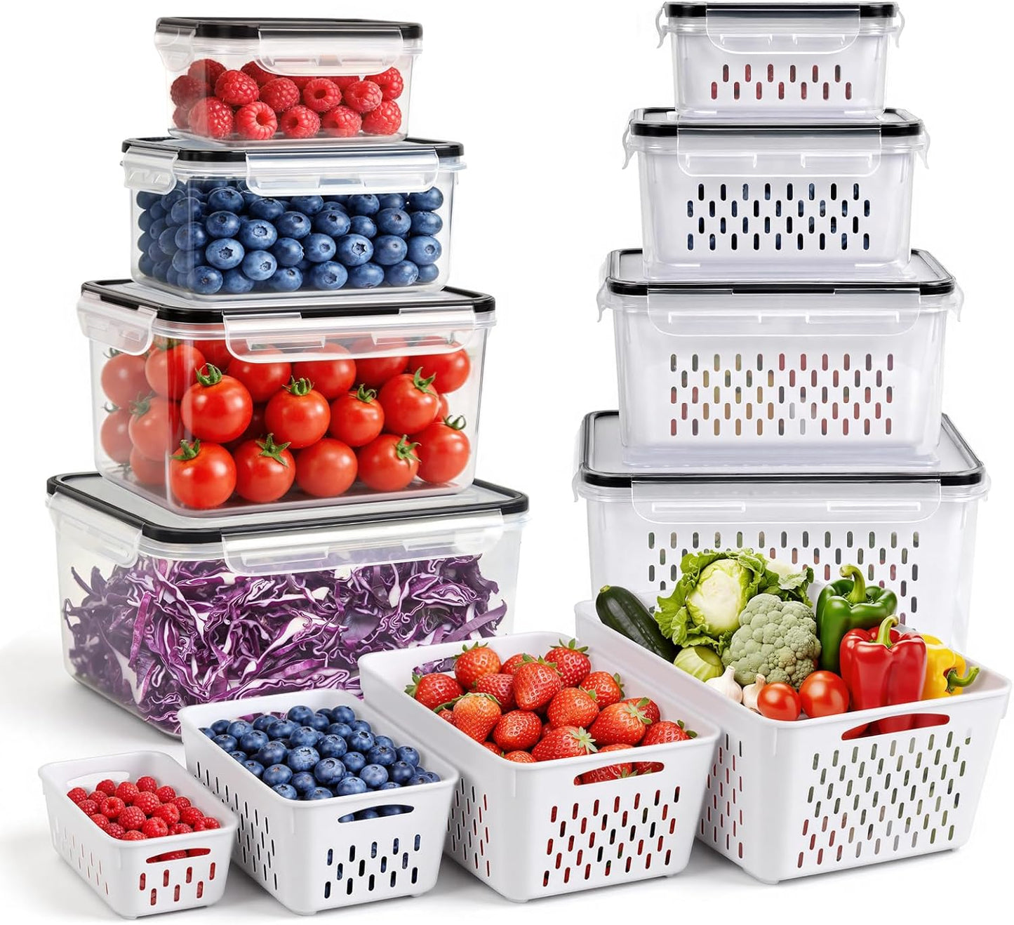 8 PCS Fruit Storage Containers for Fridge, Leakproof Produce Containers | For Fridge with Removable Colander, Microwave/Dishwasher Safe Fruit Washing Bowl Keep Fruits, Vegetables, Berry Fresh longer