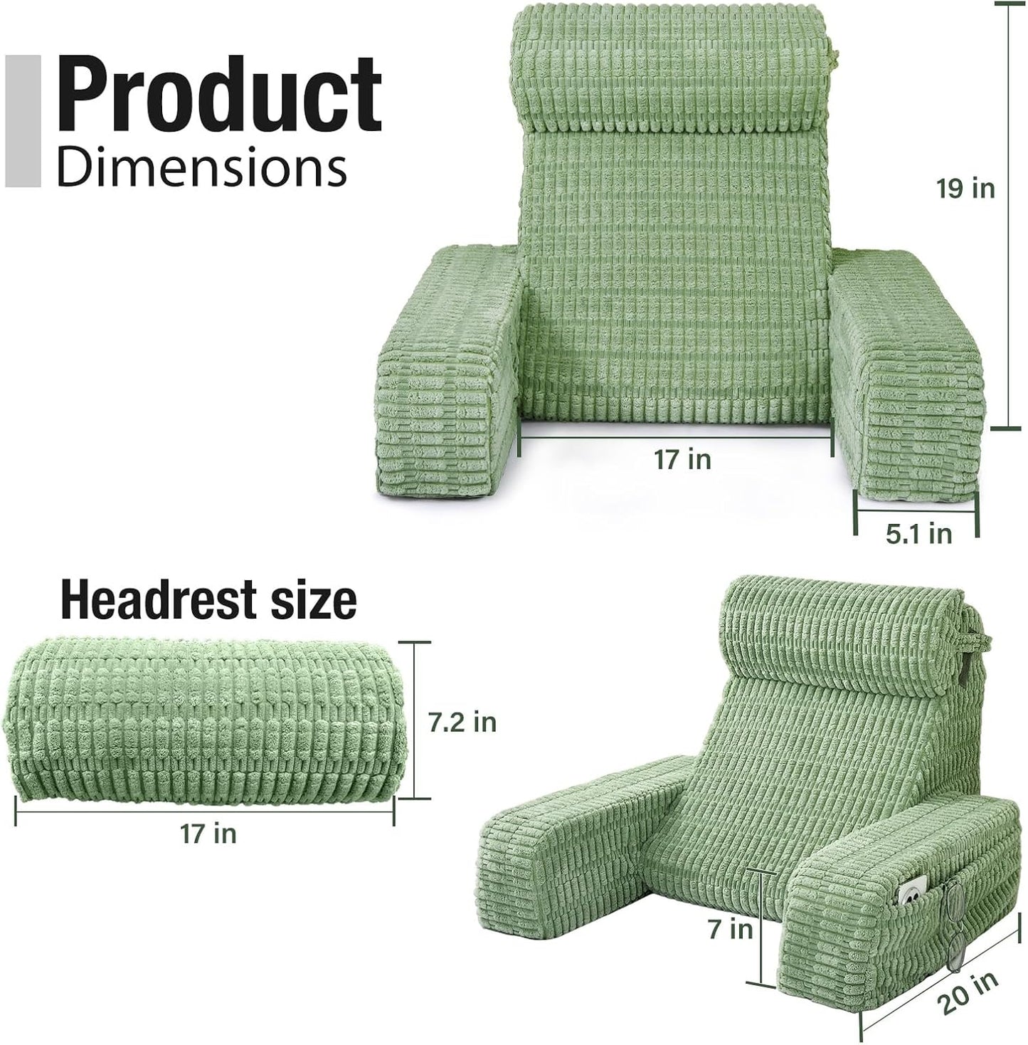 Reading Pillow for Bed Sitting Up with Large Pockets,Modern Style | 19" Supportive Backrest Cushion for Reading,Nursing,Resting,or Reclining,Stable Armrests & Washable Cover – Sage Green
