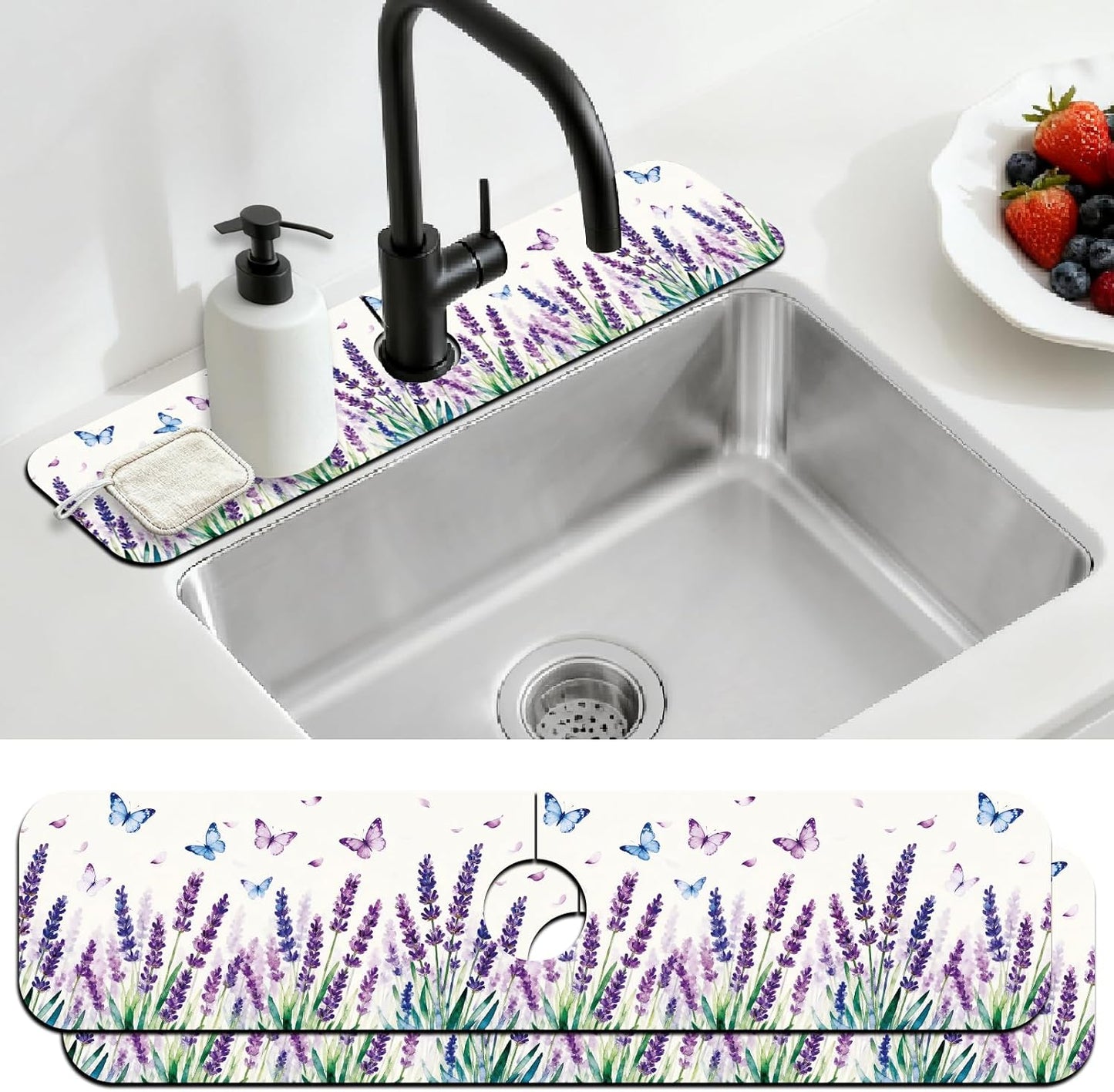 2Pcs Peonies Kitchen Sink Splash Guard Faucet Mat Vintage Florals Faucet Mat For Bathroom Kitchen 5.5x23.6In