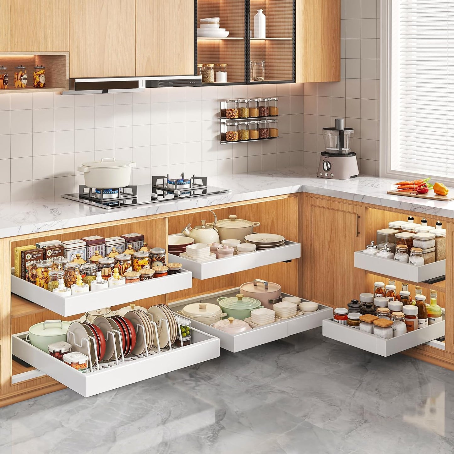 Seinloes 2 Pack Pull Out Cabinet Organizers 21"Deep with Raising Pad for Framed Cabinets,Expandable Slide Out Drawers Upgrade 3 Slide Rails,Roll Out Shelves Adhesive,Adjustable Width 12"-20.45" White