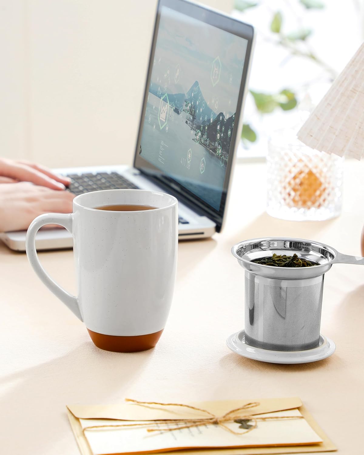 MALACASA Ceramic Tea Mug with Lid and Stainless Steel Infuser, 18 oz Large Tea Cup for Loose Leaf Tea, Heat-Resistant, Microwave & Dishwasher Safe, Speckled Glaze Coffee & Tea Brewer Mug, Khaki Brown