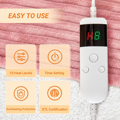 Heated Blanket Electric Throw, Soft Flannel Heating Blanket with 8 Hours Auto Off 10 Fast Heating Levels Machine Washable Sherpa Heated Blanket with Overheating Protection