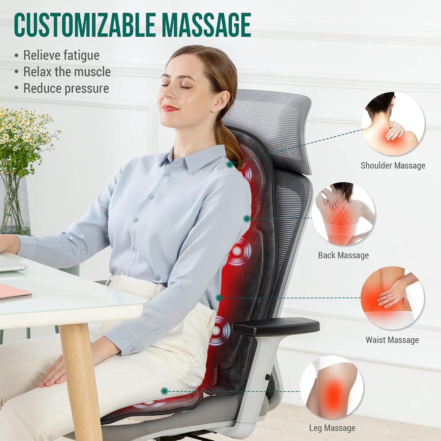 Snailax Back Massager with Heat, Vibration Massage Chair Pad, Seat Cushion | 10 Motors, 5 Modes, 3 Intensities, 2 Heat Settings, 3 Heating Areas, 30/60/90-Min Timer, Foldable, Carry Bag, 2026 Upgraded