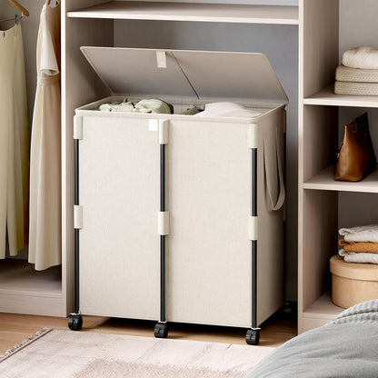 140L Double Laundry Hamper with Lid and 6 Wheels, Rolling Laundry Basket | Gasvadivum Metal Frame Laundry Sorter 2 Section with 2 Removable Bags, Large Clothes Cart for Bedroom, Bathroom, Black