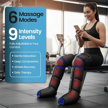 Leg Massager with Heat for Feet, Calves & Thighs, Air Compression | Handheld controller, 9 intensities, 6 modes, 3 heat levels; feet, calves & thighs, circulation & pain relief, USA Owned