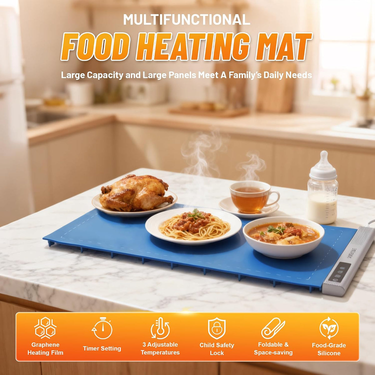 Warming Mat for Food,Food Warming Mat,1 Pack Electric Food Warmer Mat with Graphene Heating Tech, 3 Temperature Settings & 15 Timer Modes, Child Safety Lock, Silicone Heating Pad for Buffets Party