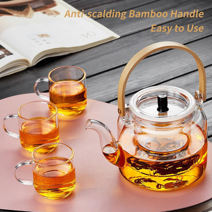 Glass Teapot Set, 37OZ/1100ML Glass Tea Kettle with 4 Double Wall Teacups, Tea Pot with Infusers for Loose Tea, Stovetop & Microwave Safe Tea Maker