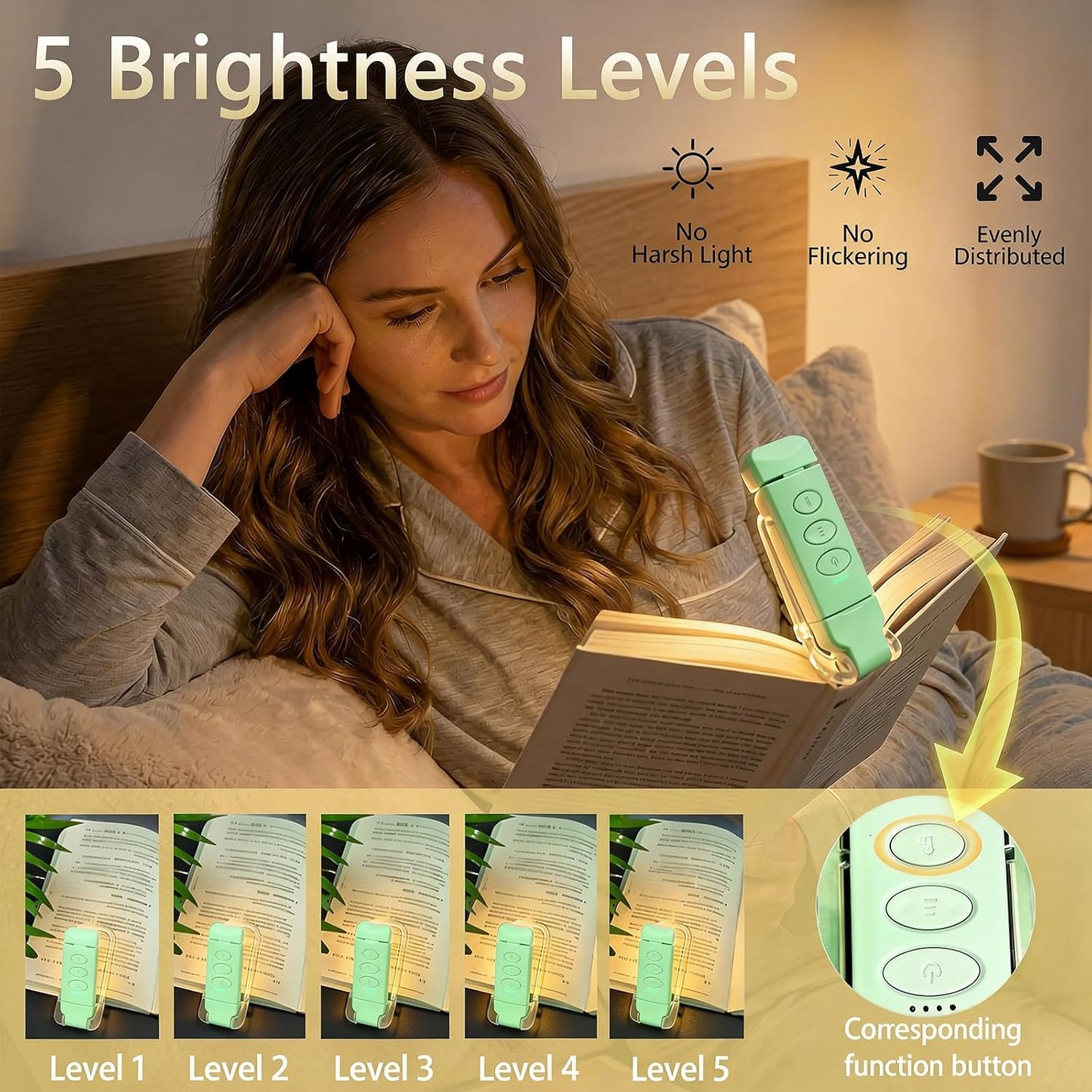USB Rechargeable Book Light, Portable Clip-on LED Reading Light, Reading Lights for Books in Bed with 3 Amber Colors & 5 Brightness Dimmable, Compact & Long Lasting, Perfect for Book Lovers (Green)