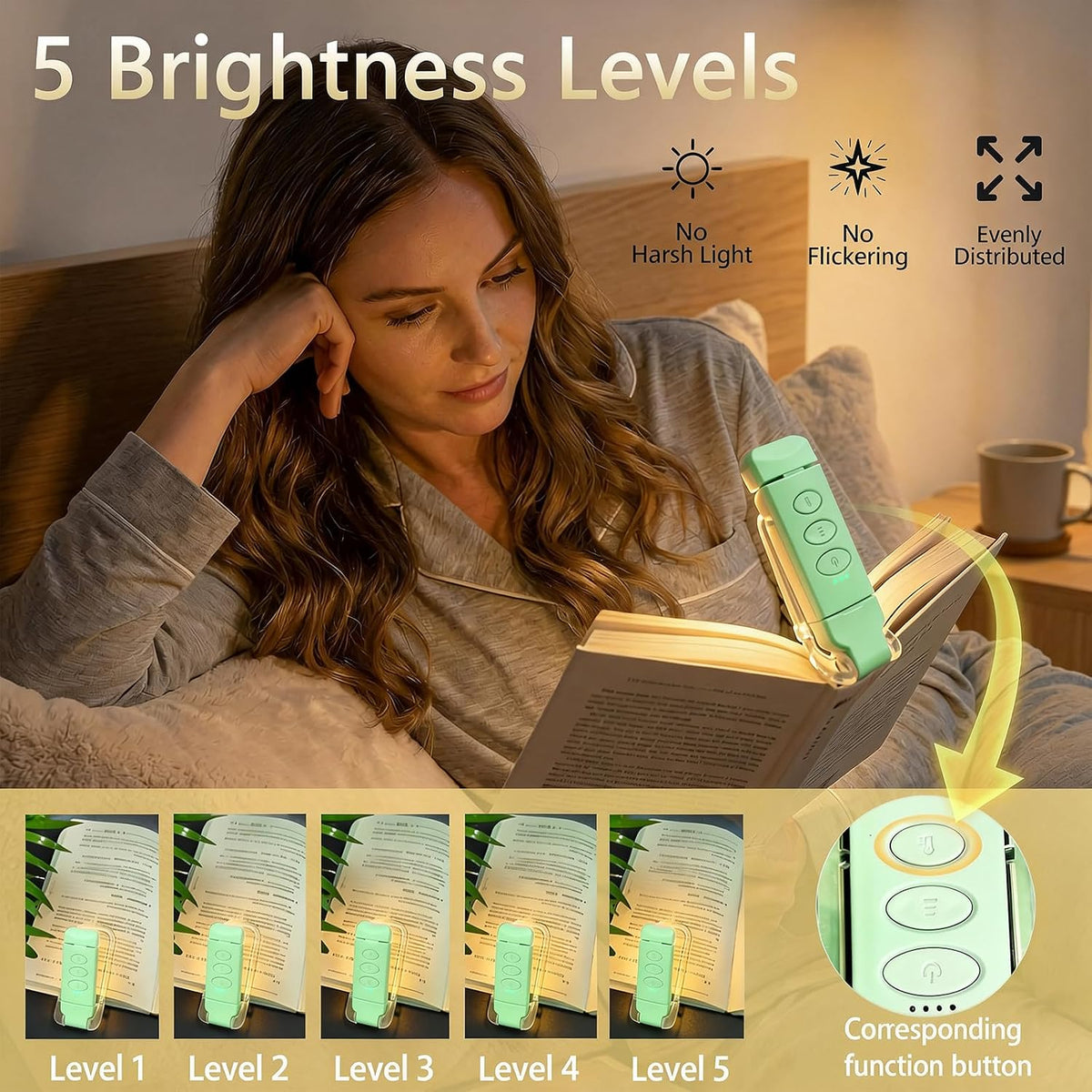 USB Rechargeable Book Light, Portable Clip-on LED Reading Light, Reading Lights for Books in Bed with 3 Amber Colors & 5 Brightness Dimmable, Compact & Long Lasting, Perfect for Book Lovers (Green)