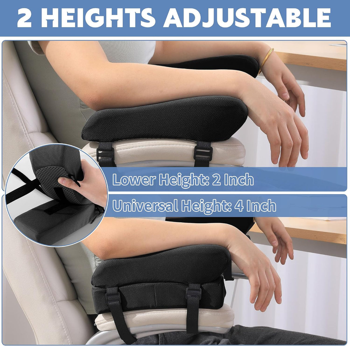 MABOZOO Gel Ergonomic Office Chair Arm Pads, Set of 2 Height Adjustable Arm Pads for Elbows Forearms Pressure Relief, Office Chair Cushion (Black)