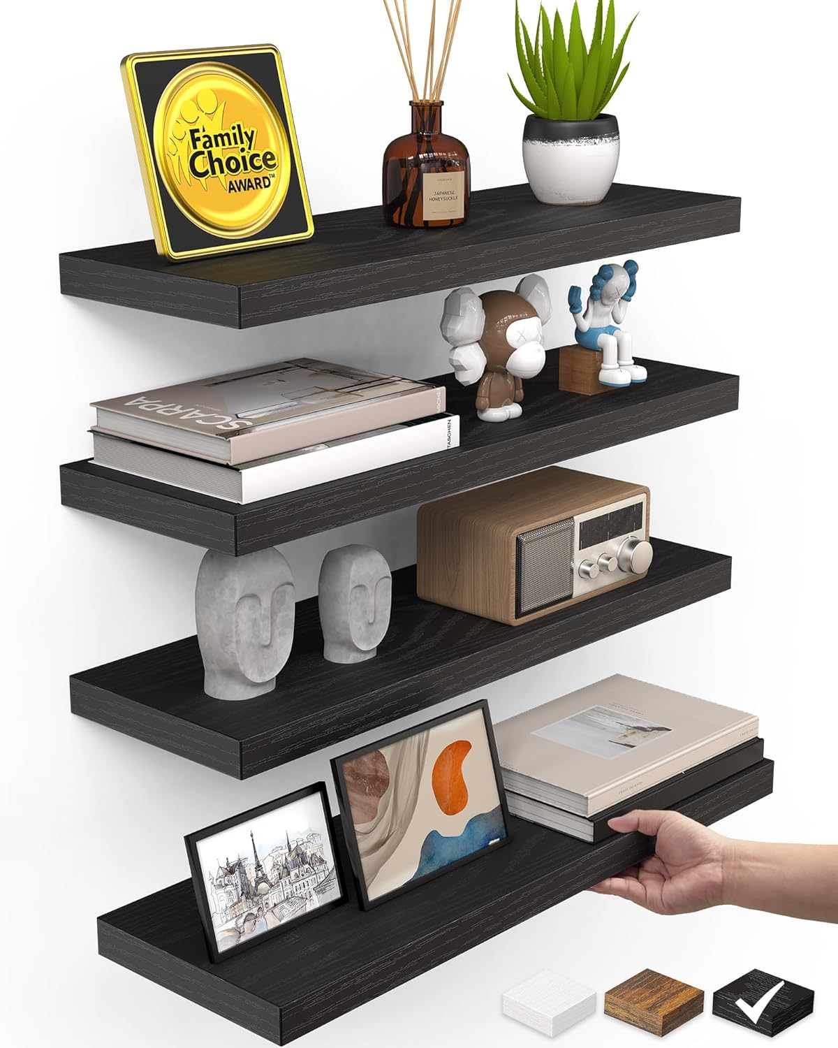 BAYKA Rustic Brown Floating Shelves 22.5in, Set of 2, Wall Mount Wood Shelf | Easy Install, 22lbs Max Load, Hidden Bracket, for Bathroom Bedroom Living Room or Kitchen, Hanging Shelf Book Decor Storage