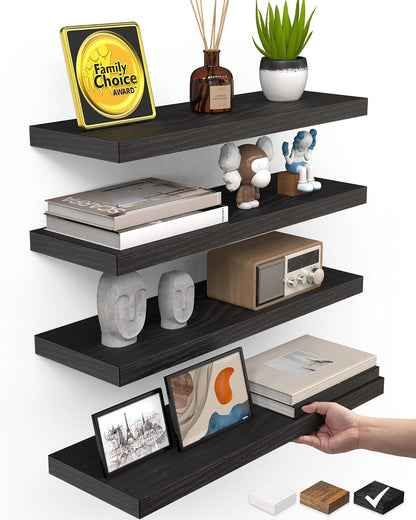 BAYKA Rustic Brown Floating Shelves 22.5in, Set of 2, Wall Mount Wood Shelf | Easy Install, 22lbs Max Load, Hidden Bracket, for Bathroom Bedroom Living Room or Kitchen, Hanging Shelf Book Decor Storage