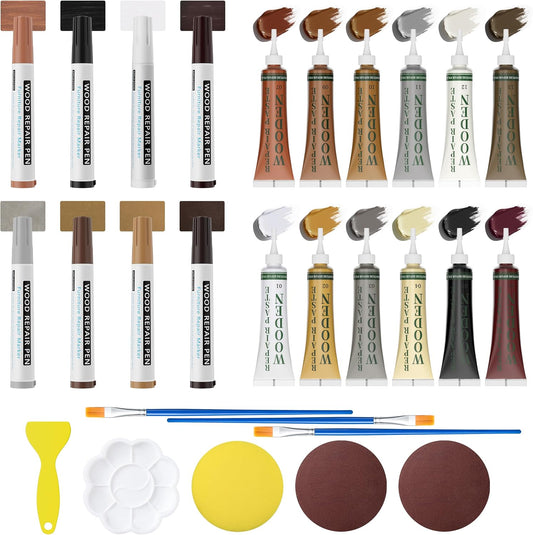 Wood Furniture Repair Kit- 12 Colors Wood Fillers and 8 Colors Furniture Touch Up Markers-Set of 28-Repair Hardwood/Laminate Scratches, Cracks, Holes for Door, Floor, Table, Cabinet