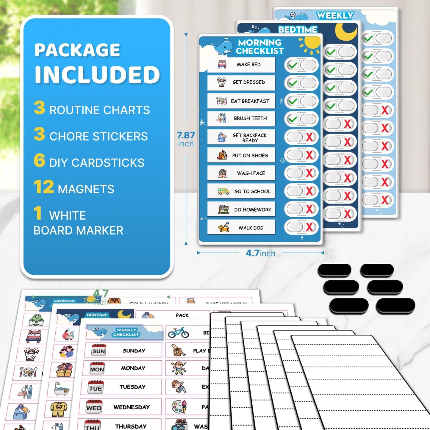 Upgraded Slider 3 in 1 Bedtime/Morning/Weekly Routine Chart for Kids, Magnetic Chore Chart for Kids with 99 Stickers, Cute Visual Schedule for Kid