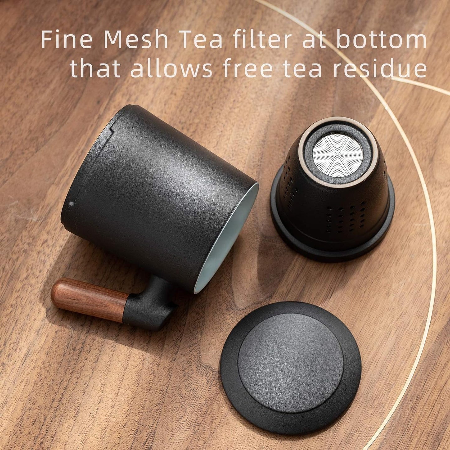 ZENS Tea Mug with Infuser and Lid for Loose Leaf Tea Steeper, 16.9oz Moss | Embossed Ceramic Tea Cup with Infuser for Herbal Tea Difussers, Tea Lovers Gifts, Nature Wood Handle