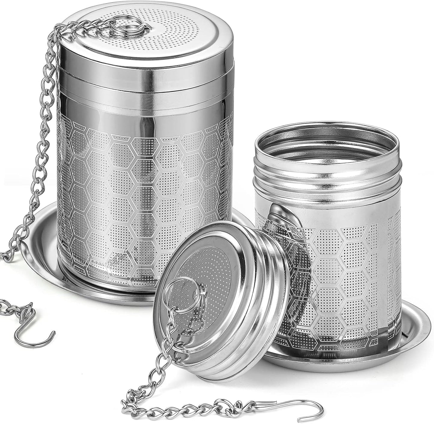 2 Pack Tea Infusers For Loose Tea, 304 Stainless Steel, 2 Inch | Fine Mesh Filter, Threaded Lid, Chain Hook, Drip Trays, Fits Most Mugs And Teapots, Dishwasher Safe