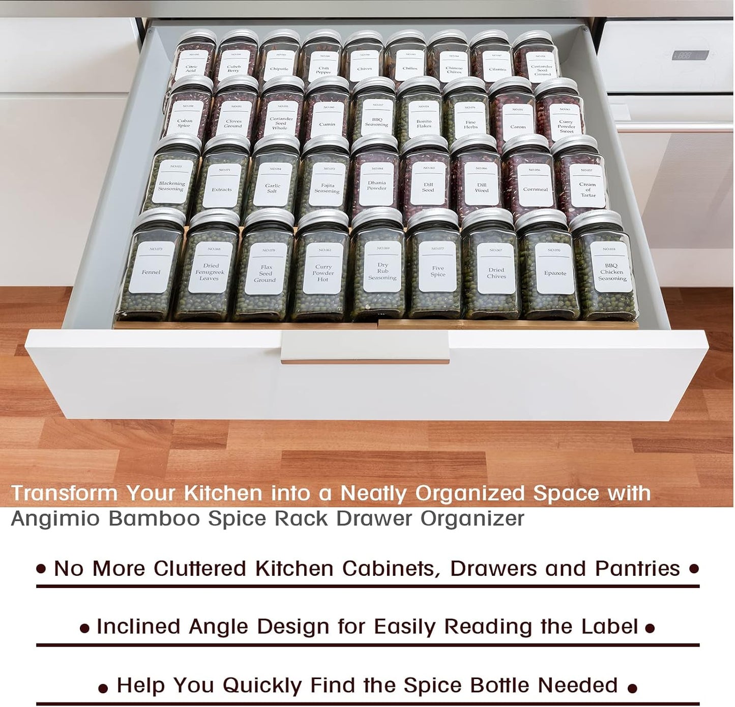 Bamboo Spice Rack Drawer Organizer - 8 Pieces Set- 7" Wide Per Piece - Combine Pieces Into 14" Wide Rack (7" or 14")