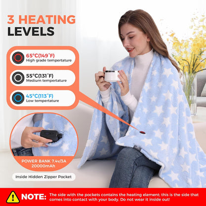 KSFJZF Heated Blanket, Cordless Portable Heated Throw Blanket, Battery Operated Heating Blanket with Rechargeable 20000mAh Power Bank, 59" x 35.5" Electric Heated Shawl, 3 Fast-Heating Levels (Pink)