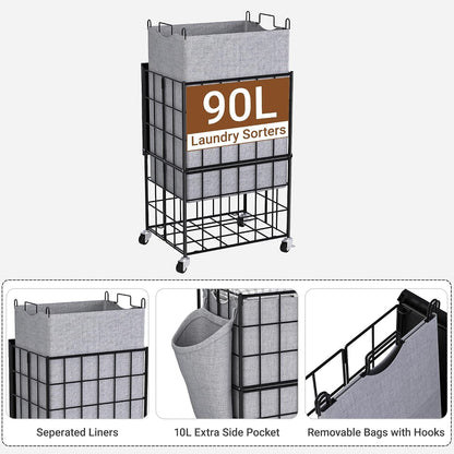 90L Laundry Basket with Wheels, Large Capacity Laundry Hamper with Removable Liner Bags, Heavy Duty Laundry Sorter with Solid Wood Lid & Leather Handles, Grey