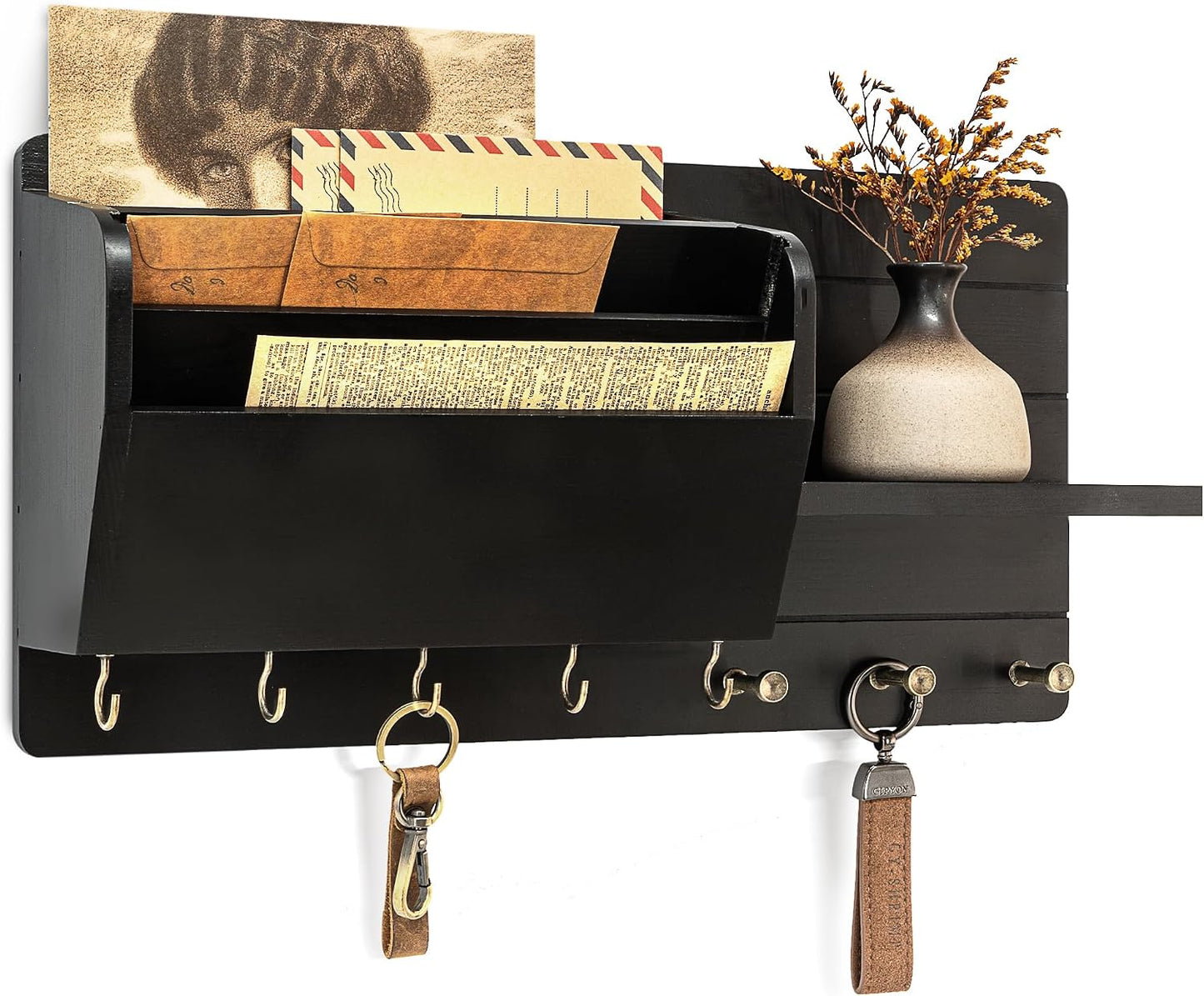 Rebee Vision Pine Wood Key Holder Wall Mount with Mail Sorter, Light Brown | Display Shelf, 8 Key Hooks, 3 Mail Sorters, Mail Organizer for Letters, Papers, Key Holder for Wall, Keep Entryways Tidy
