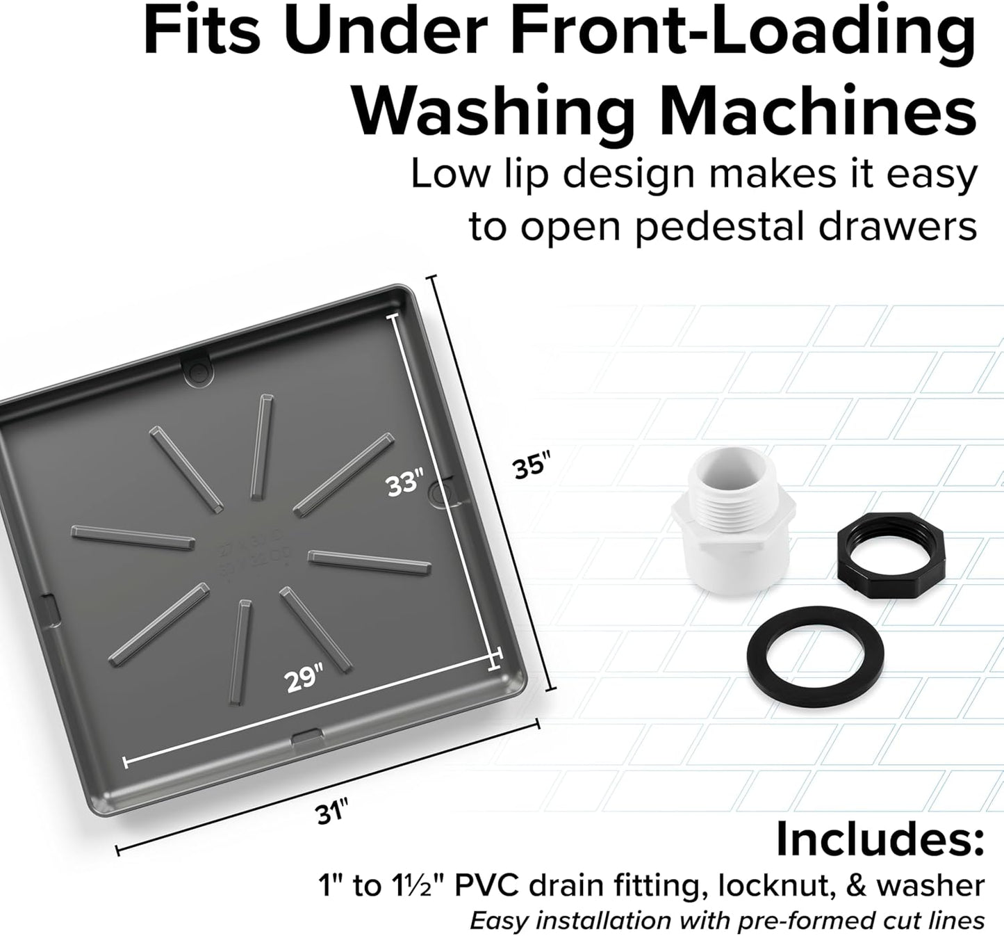 Camco Low Profile Washing Machine Drain Pan with PVC Fitting, 29 inch x 33 inch ID and 31 inch x 35 inch OD - Protects Your Floors from Washing Machine Leaks - Easy to Use - Pewter - 20788