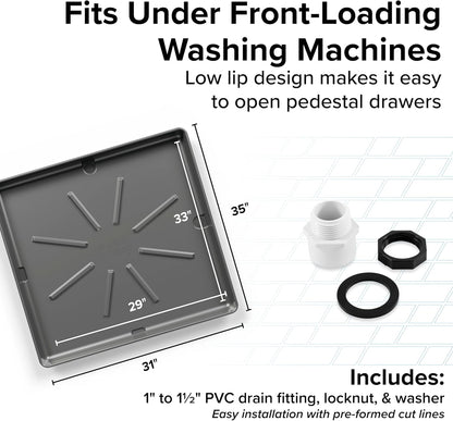 Camco Low Profile Washing Machine Drain Pan with PVC Fitting, 29 inch x 33 inch ID and 31 inch x 35 inch OD - Protects Your Floors from Washing Machine Leaks - Easy to Use - Pewter - 20788