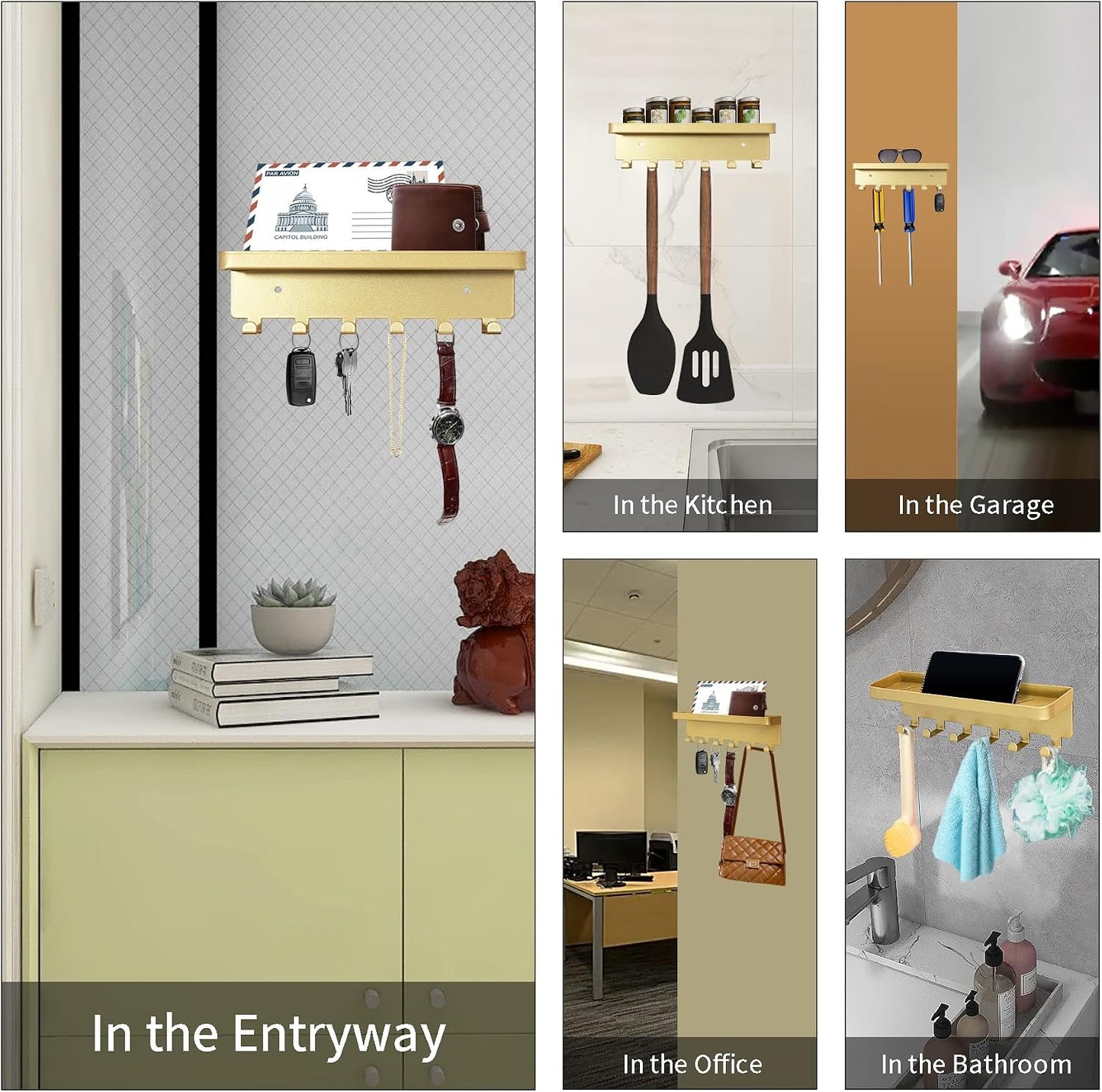 GTK Key Holder for Wall Key Hooks with Tray and 6 Hooks, Wall Mounted Key Holder for Hallway, Key Rack with Shelf for Mail Storage (Black)