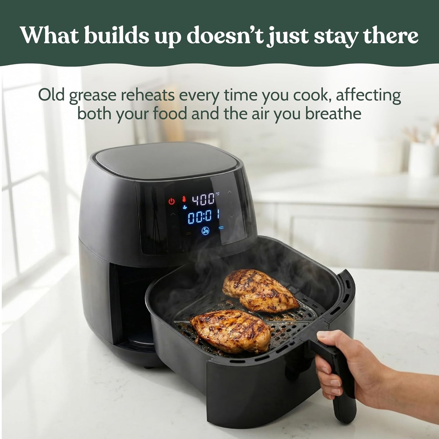 Roobi Air Fryer Cleaner, 6 Powder Sachets + Brush | Deep Cleans Drawer, Basket & Grill Without Scrubbing, Coating-Safe, Food-Contact Safe, Organic