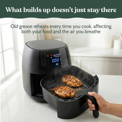Roobi Air Fryer Cleaner, 6 Powder Sachets + Brush | Deep Cleans Drawer, Basket & Grill Without Scrubbing, Coating-Safe, Food-Contact Safe, Organic