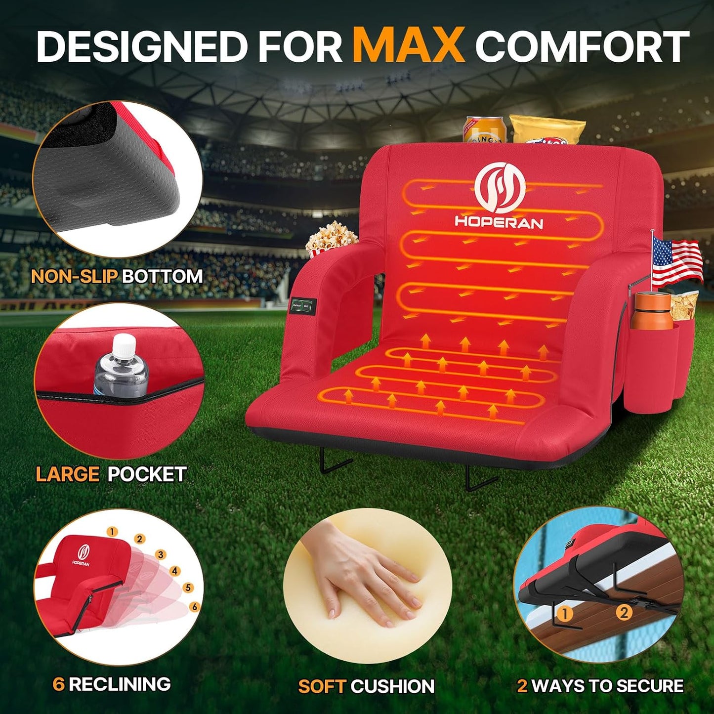 HOPERAN Heated Stadium Seats with Back Support, Dual Control, 1-Pack | Independent Seat & Back 3 Level Heat (NO Battery), Soft Cushion, 6 Recliner, Anti-Slip, Side Pockets, Backpack Straps